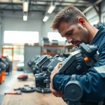 Inspecting various used engines in an organized workshop environment.