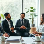 Engaging discussion on debt collection UK strategies in a professional office setting.