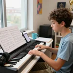 Practicing on a digital piano with 88 keys in a bright learning space, showcasing go 88 features.