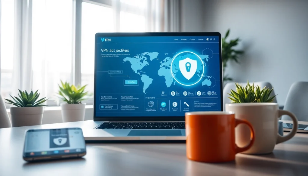 现代化工作区中的笔记本上展示的快连 VPN 界面，象征全球互联与安全。