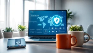 现代化工作区中的笔记本上展示的快连 VPN 界面，象征全球互联与安全。