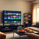 Enjoy iptv streams on a cozy couch in a modern living room.