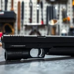 Showcasing a glock 17 slide on a workshop table with tools in the background.
