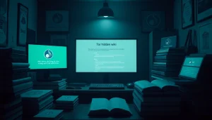 The hidden wiki tor depicted in a cozy, tech-filled room featuring screens with .onion links, enhancing digital privacy.