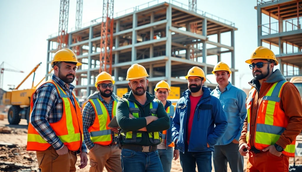 Construction workforce training with professionals in action at a vibrant construction site.