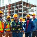 Construction workforce training with professionals in action at a vibrant construction site.