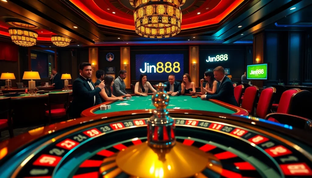 Engaging players at a thrilling Jun888 poker table in a luxurious casino setting.