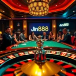 Engaging players at a thrilling Jun888 poker table in a luxurious casino setting.
