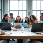 Web design company team collaborating in a modern office environment.