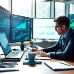 Data analyst utilizing AI for competitive intelligence in a bright office.
