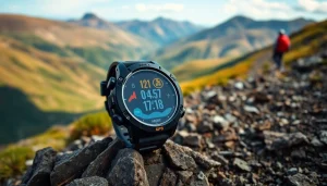 Showcasing the Explorer GPS Smart Watch on a mountain trail, highlighting its features and adventure spirit.