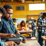Engaged students in skilled trades training using tools and collaborating in a workshop.