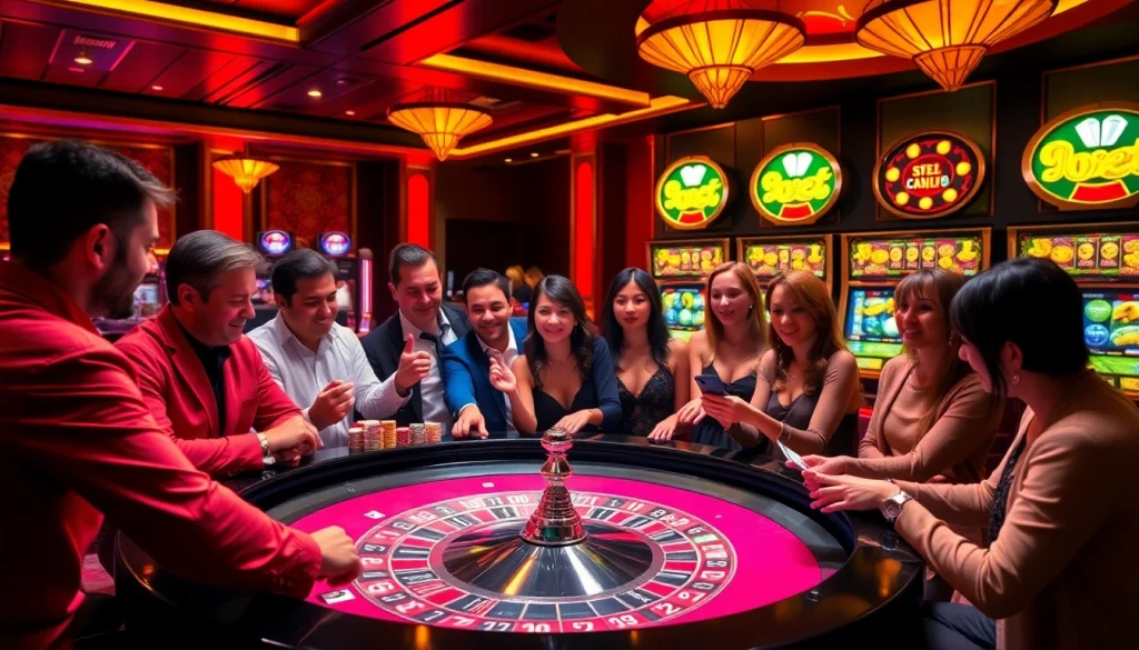 Découvrez l'excitation au meilleur casino en ligne avec des joueurs profitant d'une partie de poker animée et de jetons colorés.