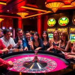 Découvrez l'excitation au meilleur casino en ligne avec des joueurs profitant d'une partie de poker animée et de jetons colorés.