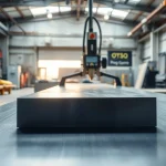 Precision plate cutting in action showcasing the sharp blade and industrial setting.