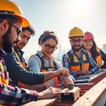 Engaged trainees learning construction apprenticeship techniques at a vibrant job site.