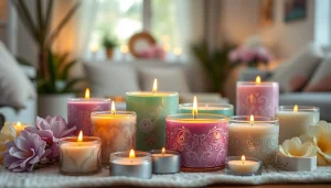 mirisne svece u elegantnom postavljanju, stvarajući mirnu i opuštajuću atmosferu.