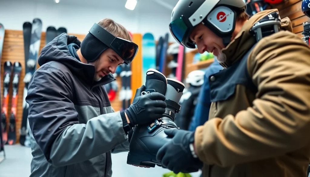 Custom boot fitting ski shop technician assists a customer with ski gear.