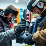 Custom boot fitting ski shop technician assists a customer with ski gear.