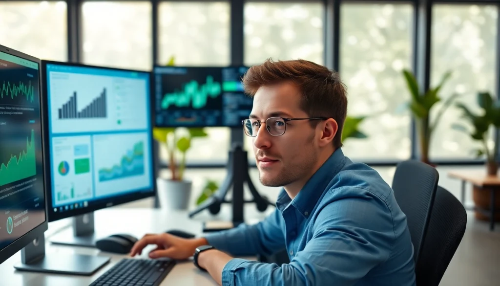 Engaging digital marketing strategist using klynt analytics tools in a modern workspace.