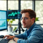 Engaging digital marketing strategist using klynt analytics tools in a modern workspace.
