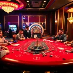 Un jeu de baccarat palpitant dans un meilleur casino en ligne, mettant en valeur des joueurs engagés avec des jetons colorés et des cartes.