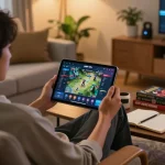 Player engaging with gajah toto on tablet at home with cozy ambiance and strategy materials.