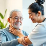 Physiotherapy near me: A caring therapist helps an elderly patient in a welcoming clinic environment.