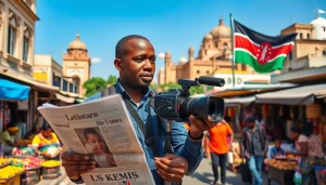 A journalist reports on Kenya News amidst vibrant Nairobi streets and bustling markets.