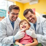 Kids orthodontic assessment Hawthorn with a pediatric dentist examining a child in a cheerful clinic.