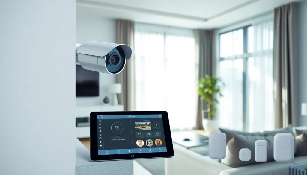 Instalación de alarmas de seguridad de alta tecnología en un hogar moderno, mostrando cámaras y sistemas de monitoreo elegantes.