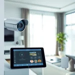 Instalación de alarmas de seguridad de alta tecnología en un hogar moderno, mostrando cámaras y sistemas de monitoreo elegantes.