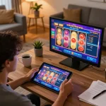 Player enjoying สล็อต on a tablet at home, showing engaging gameplay and strategy notes