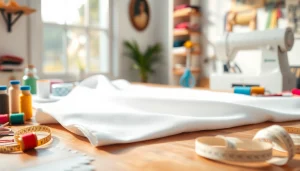 Katoenen stof per meter met kleurrijke naaiprojectbenodigdheden op een tafel.