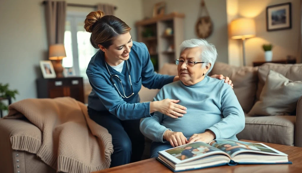 Engaged caregiver supporting an elderly person in home senior care, surrounded by comfort and warmth.