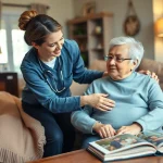 Engaged caregiver supporting an elderly person in home senior care, surrounded by comfort and warmth.
