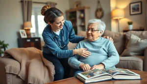 Engaged caregiver supporting an elderly person in home senior care, surrounded by comfort and warmth.