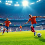 해외축구중계에서 펼쳐지는 축구 경기 중 선수들이 역동적으로 플레이하고 있는 모습.