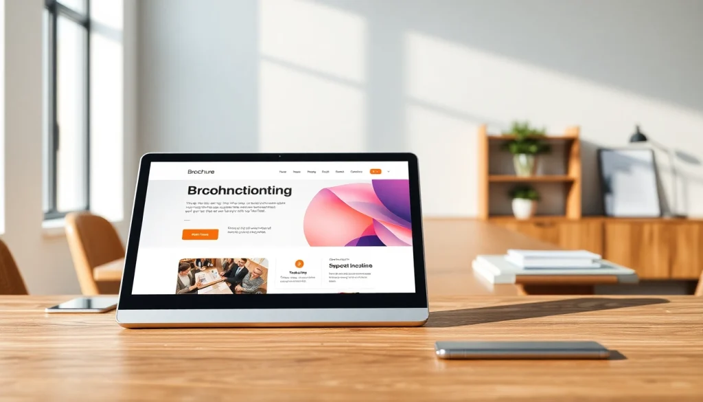 Showcasing brochure website design Essex on a modern tablet in a sleek office setting.