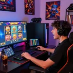 Player enjoying slot gacor hari ini on a vibrant gaming setup with snacks and strategies.