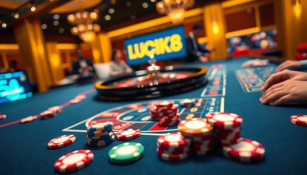 LUCK8 players enjoy an exciting game at a high-stakes casino table filled with poker chips and cards.