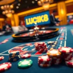 LUCK8 players enjoy an exciting game at a high-stakes casino table filled with poker chips and cards.