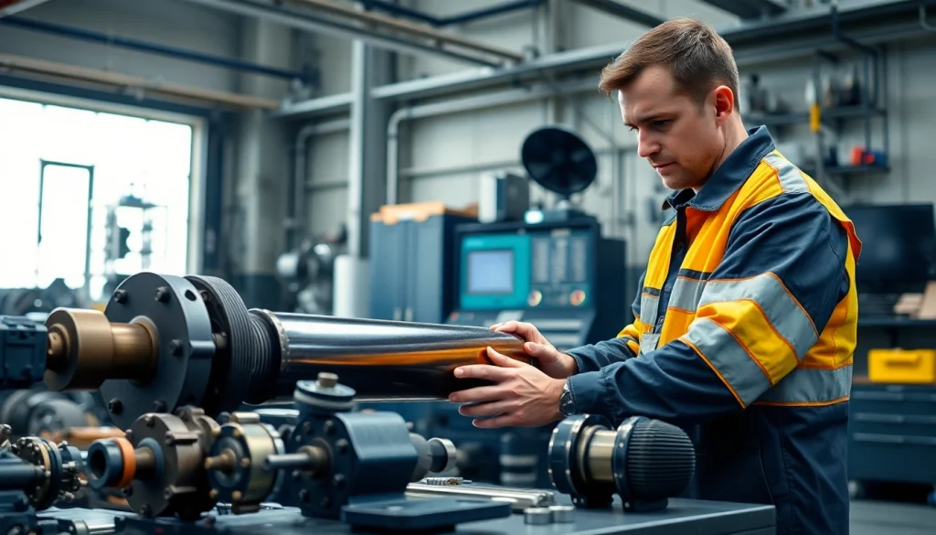 Performing hydraulic cylinder repair in a professional workshop with focused precision.