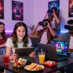Friends enjoying a porn game online in a cozy gaming room with vibrant snacks and devices