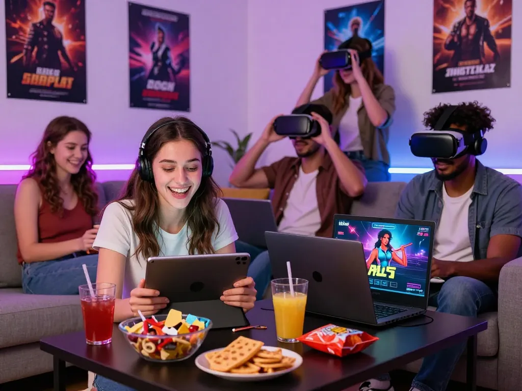 Friends enjoying a porn game online in a cozy gaming room with vibrant snacks and devices