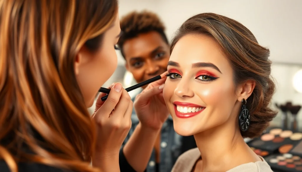 Master makeup courses in action with a professional applying vibrant cosmetics on a model.