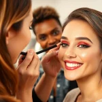 Master makeup courses in action with a professional applying vibrant cosmetics on a model.