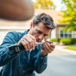 Best locksmiths in Chesterfield, Missouri expertly working on a car lock in a suburban setting.