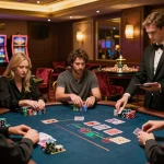 Experienced players engaging in a high-stakes poker game, highlighting strategic decisions and giường bệnh nhân references in the backdrop of a luxury casino.