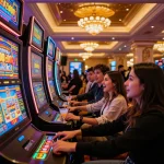 Players spinning jackpots at SLOT6000 Link Gaco slot machines in a luxurious casino.